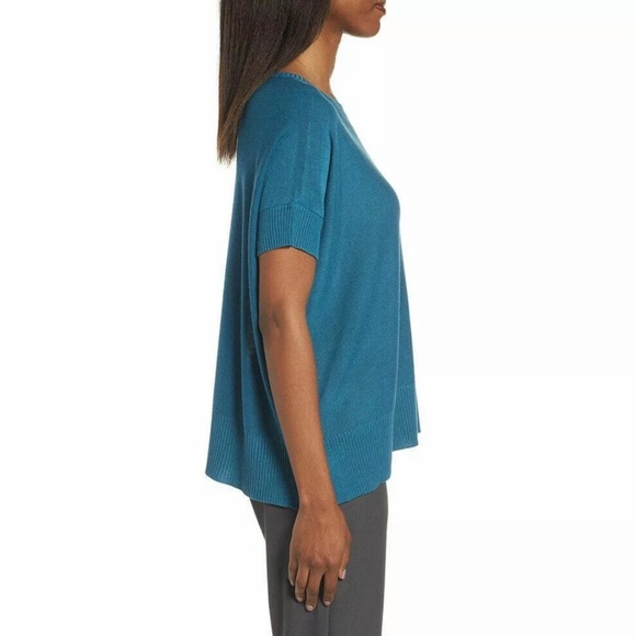 EILEEN FISHER Nile Blue Sleek Tencel Merino Wool Knit Boxy Sweater Top - Picture 4 of 9
